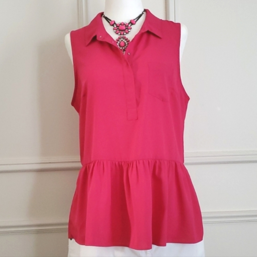 New Hot Pink Collared Sleeveless Peplum Top